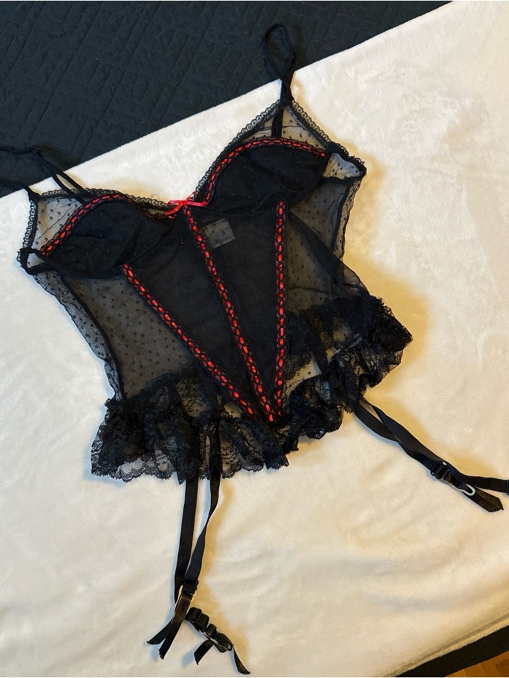 Black Sheer Lace Bustier with Red Trim